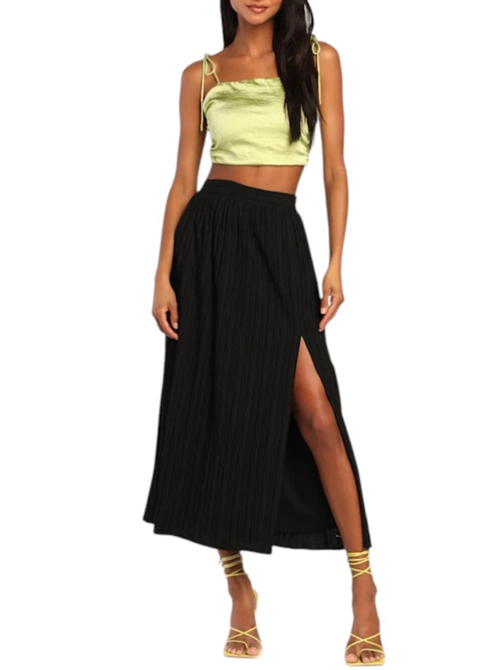 Lulus Black Maxi Skirt Mid-Rise Textured Side Slit Midsummer Memories Size M